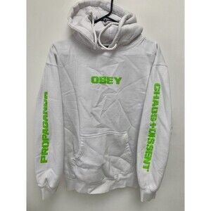 OBEY Neon Green Lettering White Hoodie Size M Chaos+Dessent Propaganda